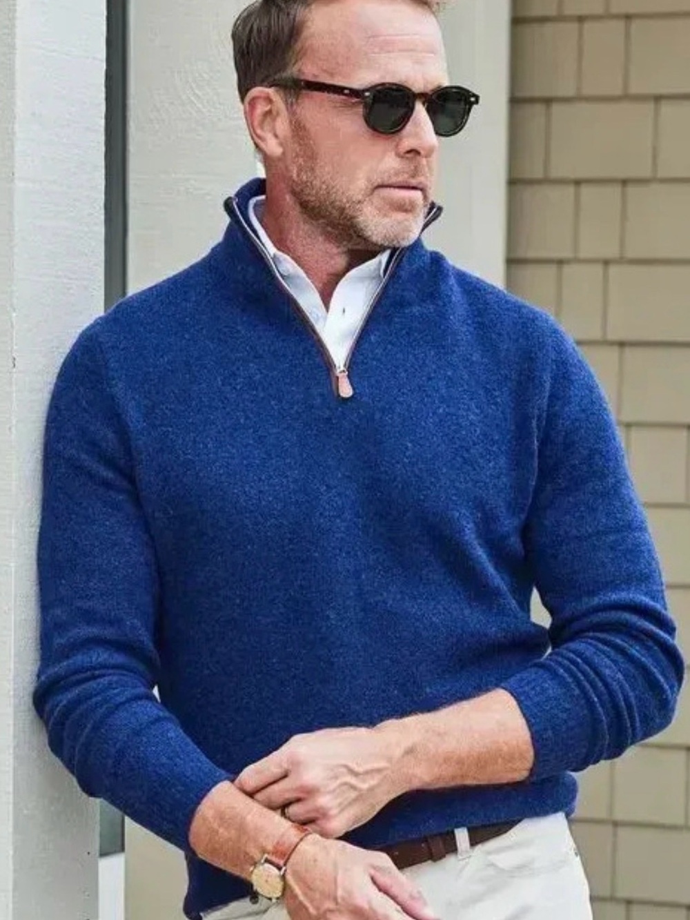 Collars & Co Sweater Men's Large Blue 1/4 Zip Wool Blend Luxury Balmoral New